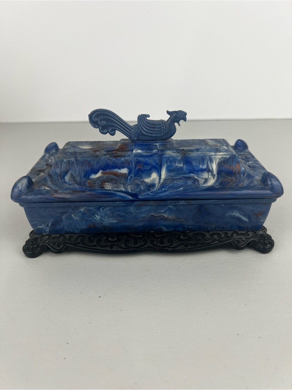 Vintage 1930s Art Deco Ivoris Blue Marbled Celluloid Jewelry Box w/Lid & Inserts